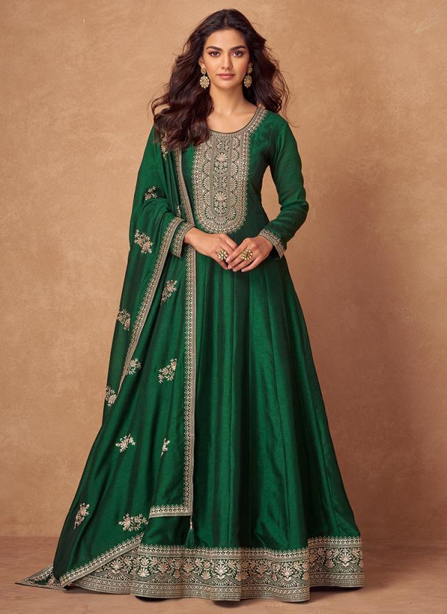 Premium Silk Green Ceremonial Wear Embroidery Work Readymade Anarkali Suit